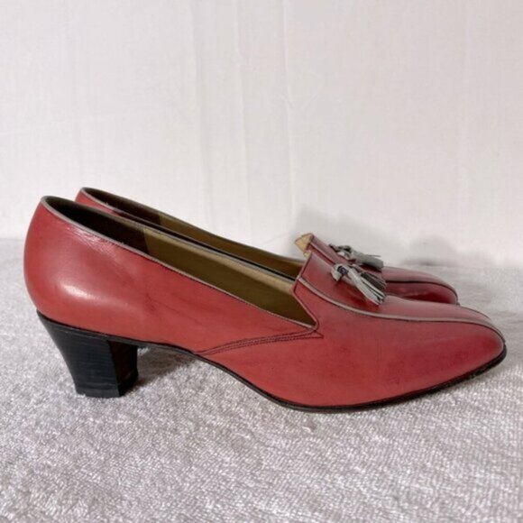 Vintage Barker Coral Leather Slip On Low Heel Loafers W Grey Tassels 9 - Picture 4 of 16